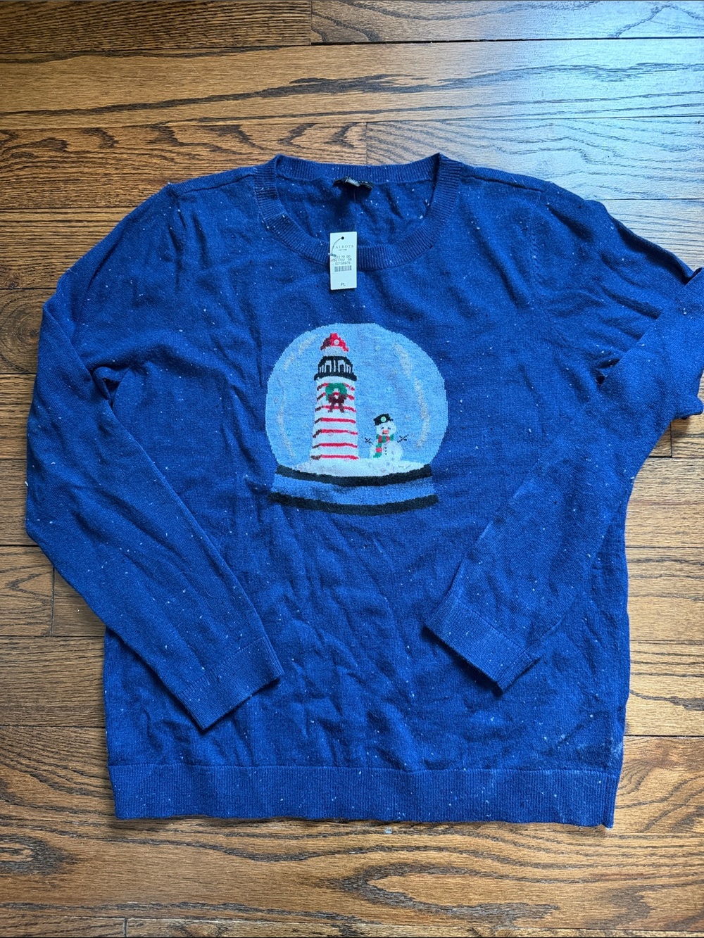 Talbots Navy Blue Crewneck Sweater with Snow Globe Lighthouse Motif
